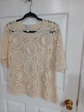 Women’s Cream Crochet 3/4 Sleeve Top Boho Fairy Coquette Cottage Shabbychic